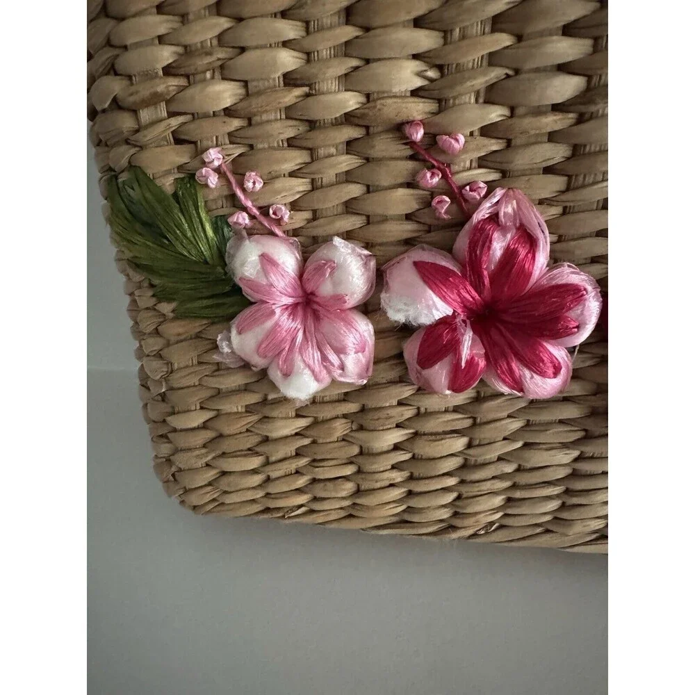 House of AnLi Basket vintage Beige pink floral detail plaid inside —see Pictures